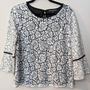 Adrianna Papell Women's Black & Ivory Lace Blouse – Bell Sleeve – Size Large